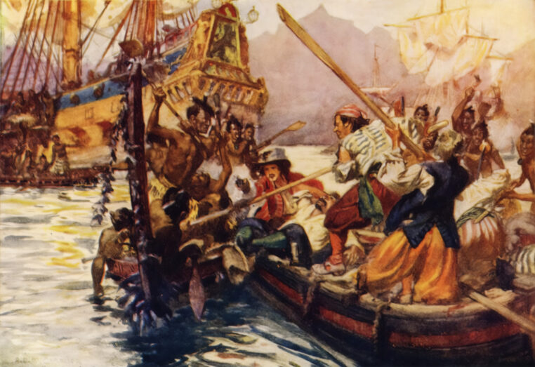 Jeden ze člunů byl přepaden domorodci v zátoce Golden Bay.