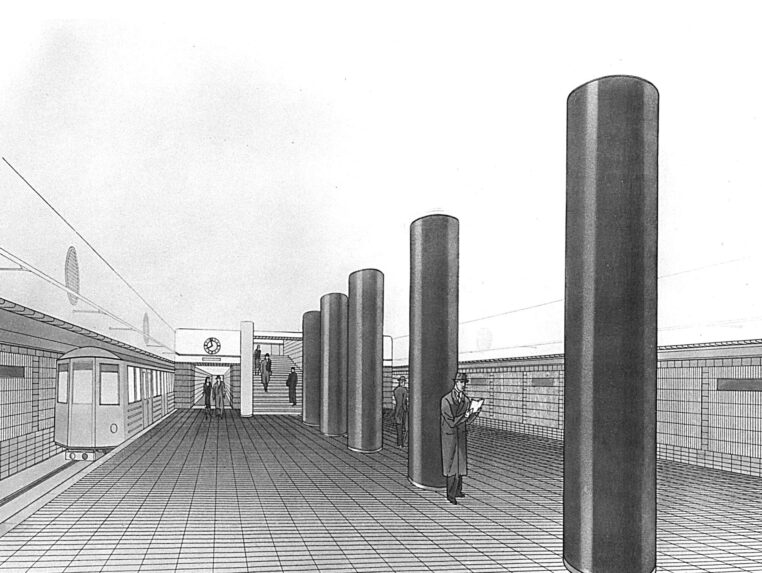 Takhle si architekti v roce 1940 představovali interiér stanice metra Můstek.
