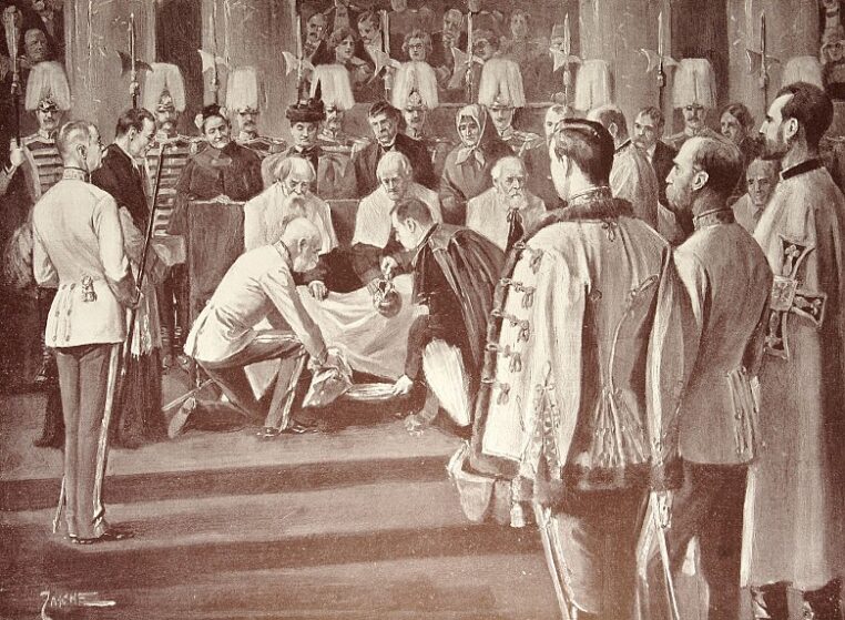 Císař František Josef I. se sklání k chudákům.