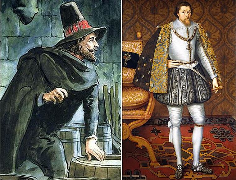 Atentát na Jakuba I. (vpravo) selhal. Odpálit sudy s prachem už Fawkes nestihne.