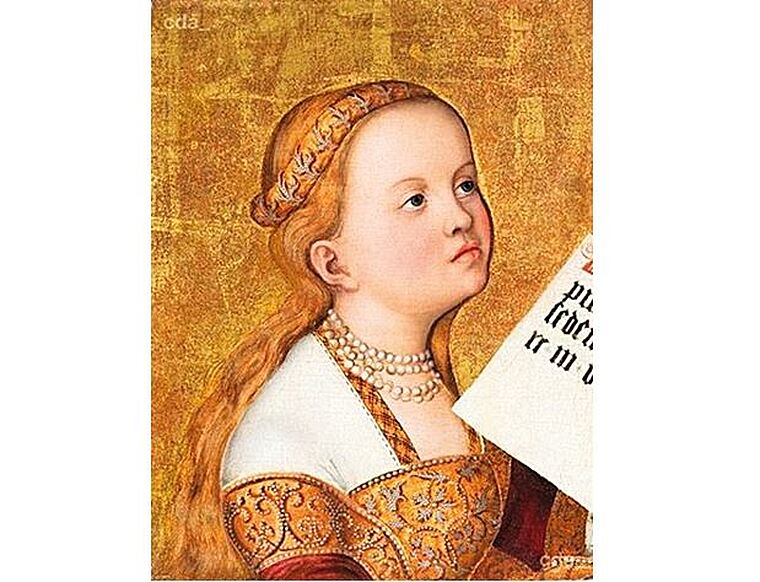 Touto světicí by měla být sv. Apolena z Alexandrie. Její obraz se dnes nachází v Německu v soukromé sbírce.